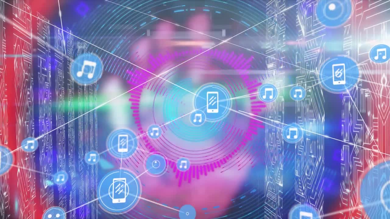 animación de la red de conexiones con iconos sobre circuitos integrados