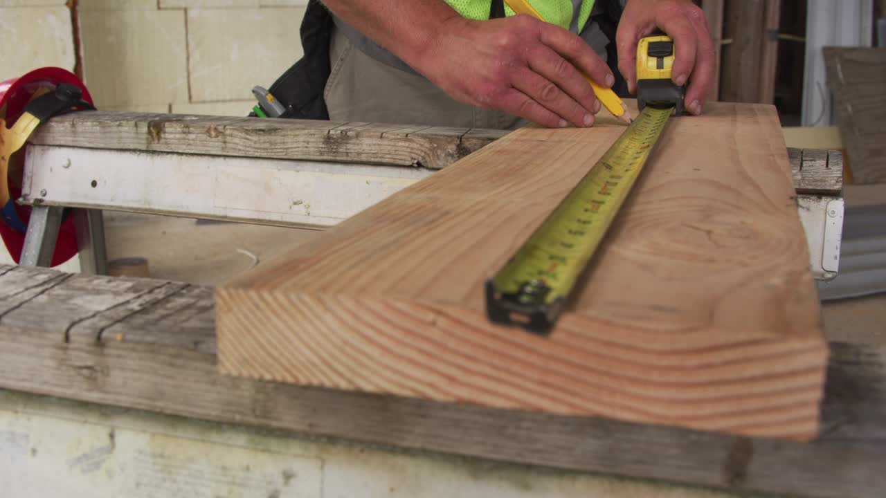 строительный работник, измеряющий и маркирующий древесину