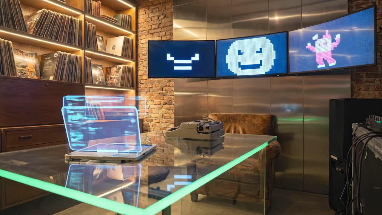Retro-Futuristic Workspace with Holographic Laptop and Pixel Art Screens