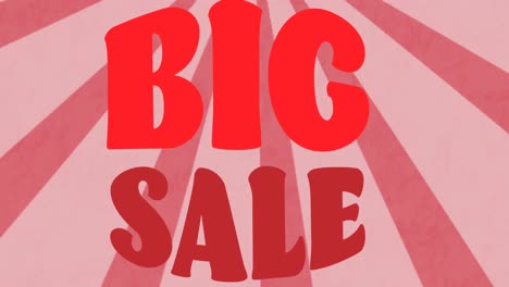 animation of big sale text banner over radial rays spinning in seamless pattern on pink background