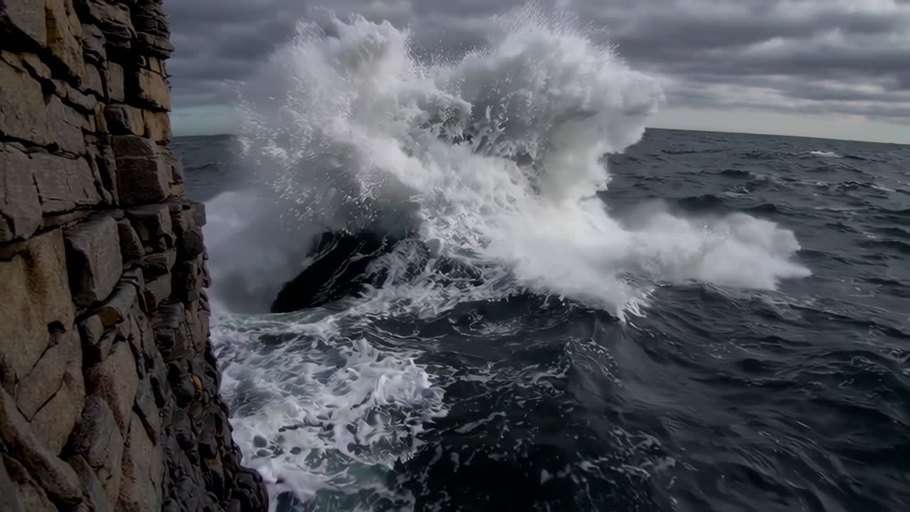 강력한 파도가 바위가 있는 해안에 부히고