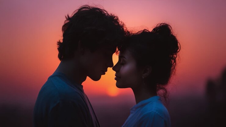 Silhouette romantique au coucher du soleil mettant en scène deux personnes amoureuses, capturant l’intimité et le lien qui les unit sur fond de ciel crépusculaire époustouflant