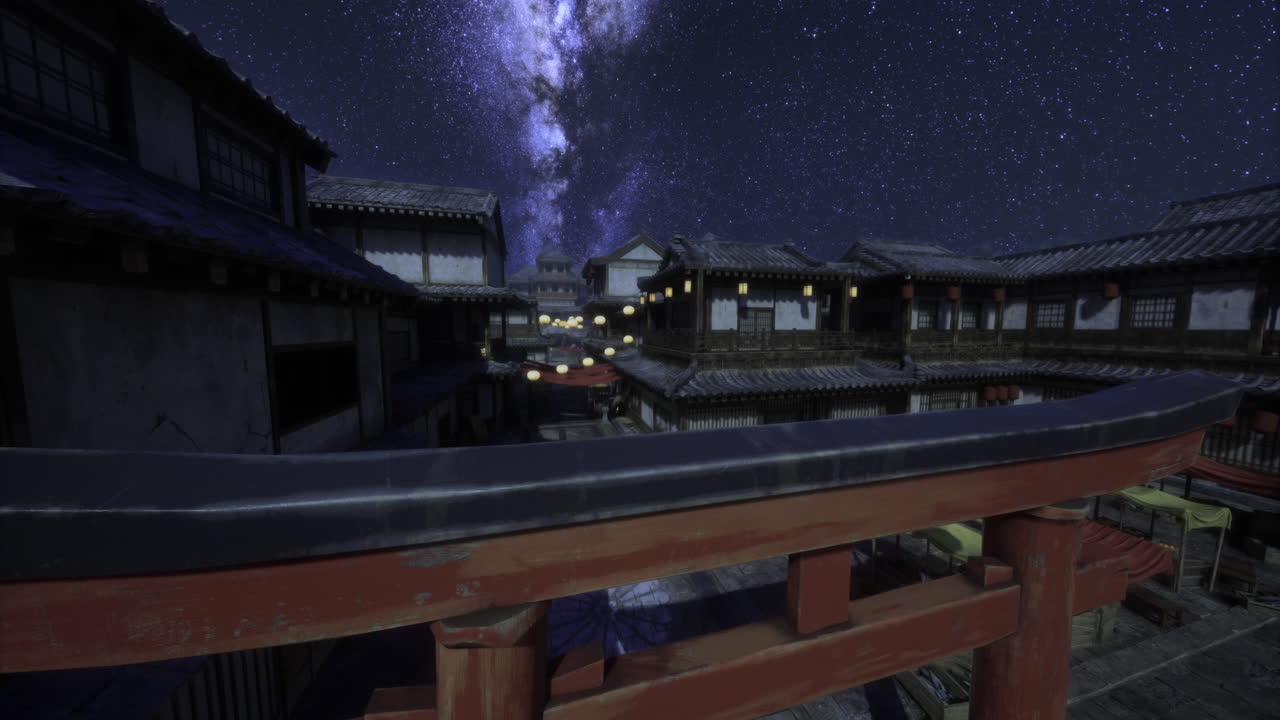 Nighttime view of traditional town with stars in the sky over rooftops