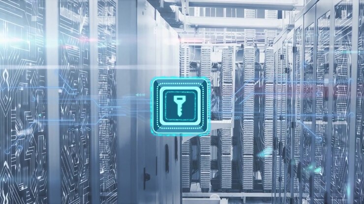 Holographic key icon appearing over server aisle, pulsing and sending data streaks for system scan