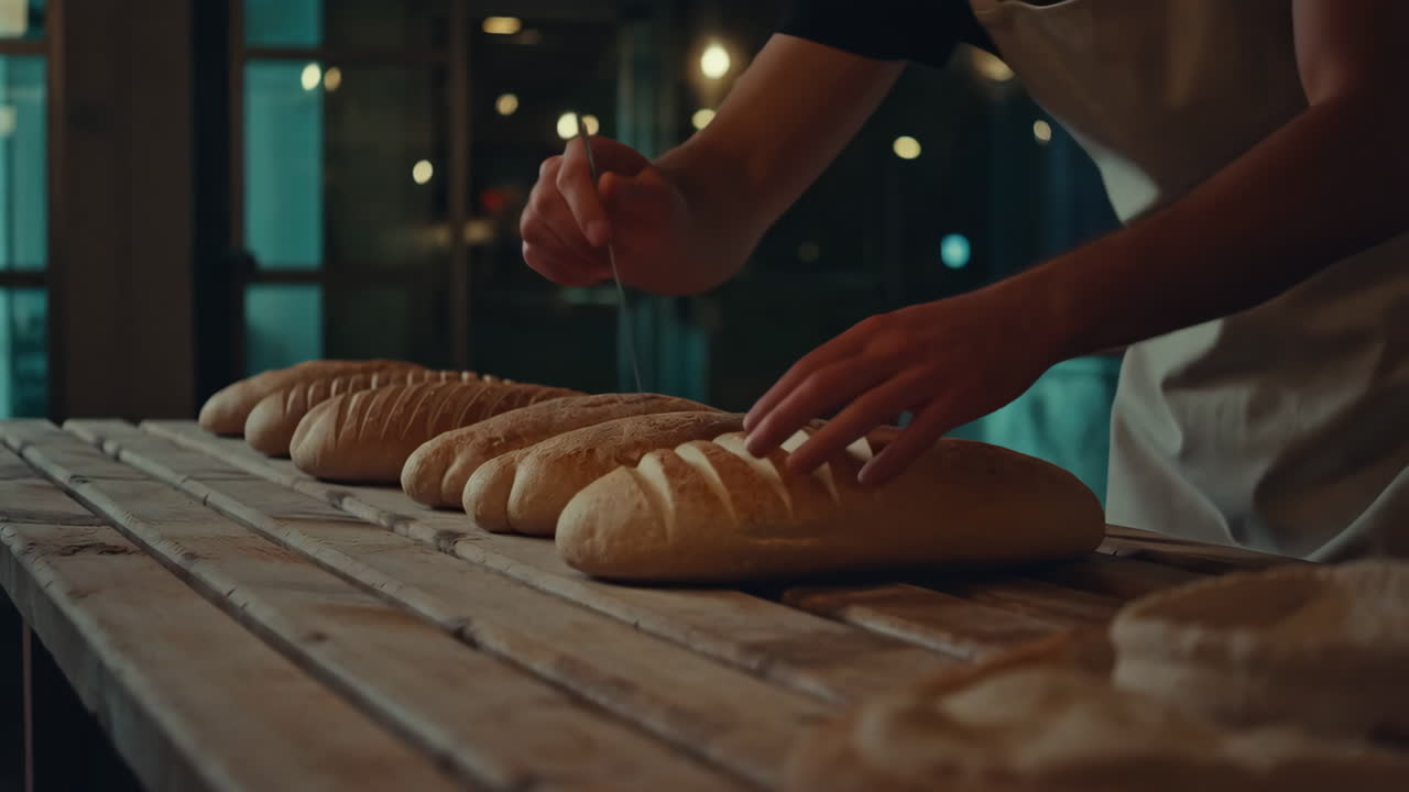 Baker scoring freshly baked bread loaves