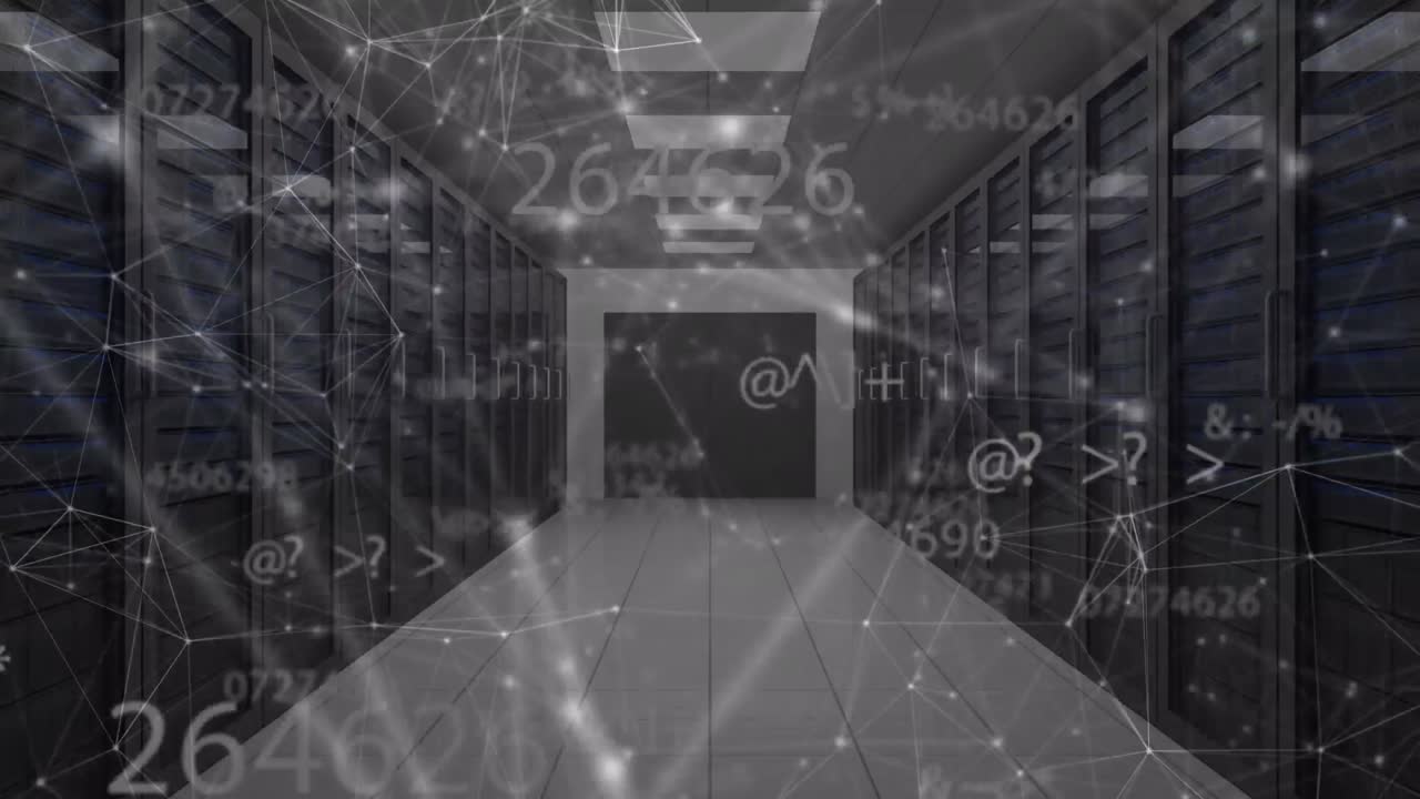 Animation of network of connections and increasing numbers over office corridor