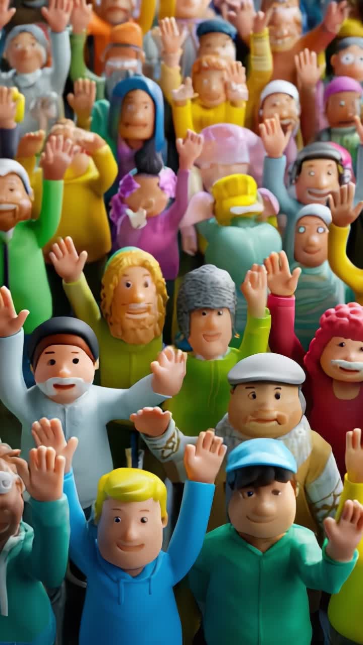 A Vibrant Gathering of Colorful Animated Figures with Raised Hands, Portraying a Joyful Sense of Community and Celebration in Whimsical Detail