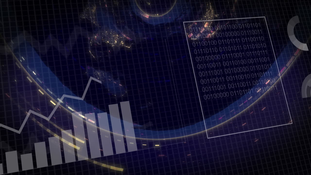 Animation of data processing over world map on black background