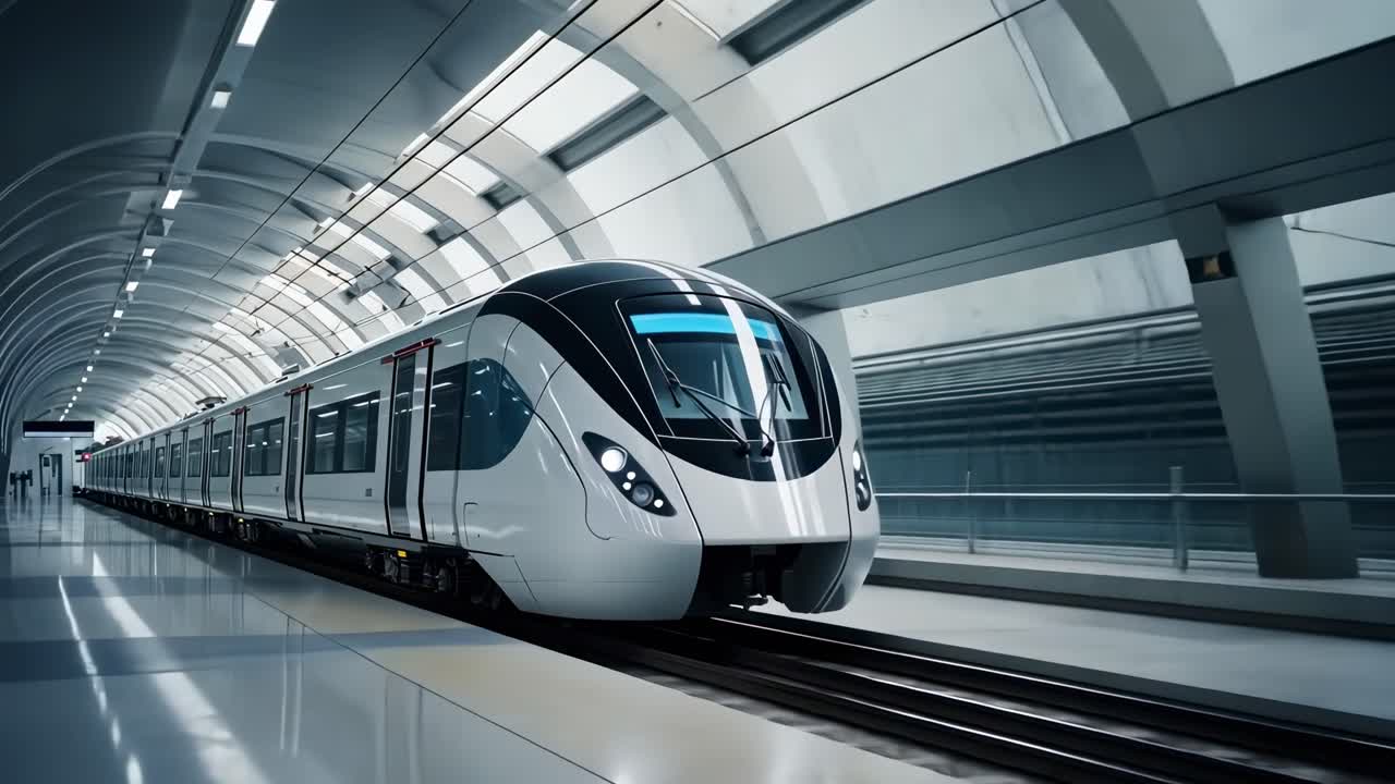 Futuristic train in a sleek, modern station, captured from a low-angle perspective