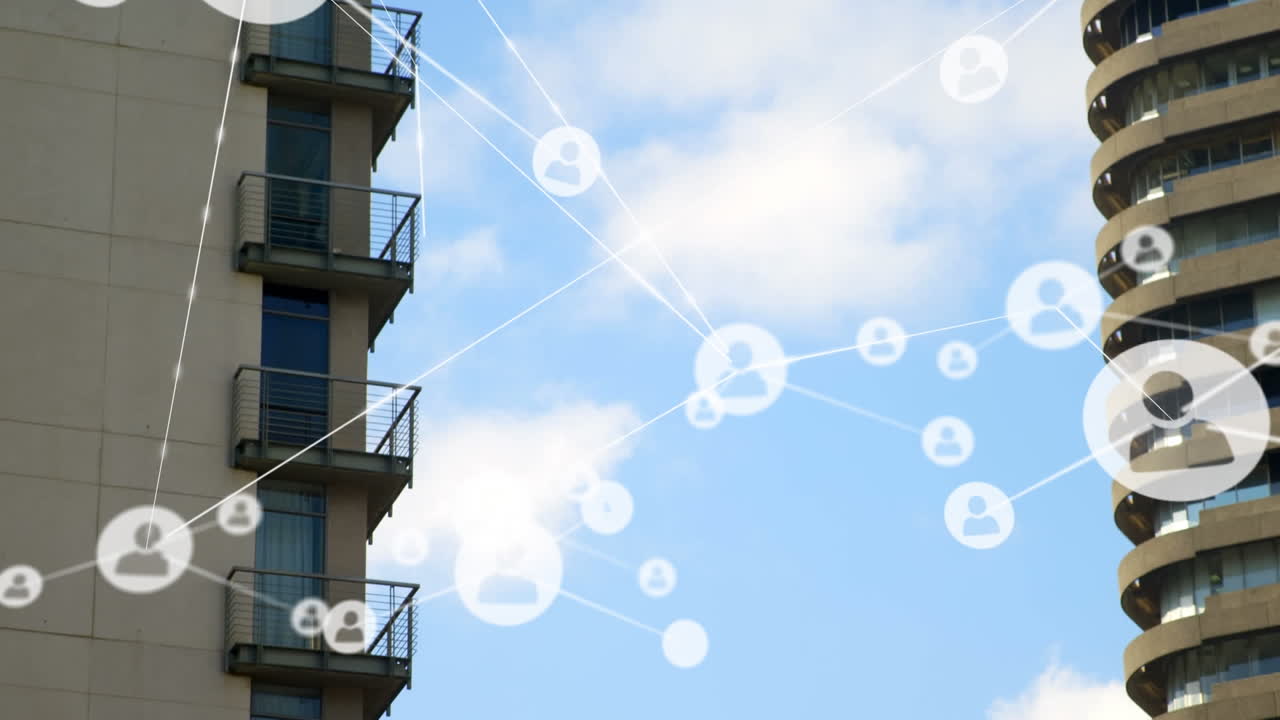 높은 건물에 대하여 프로필 아이콘의 네트워크의 애니메이션