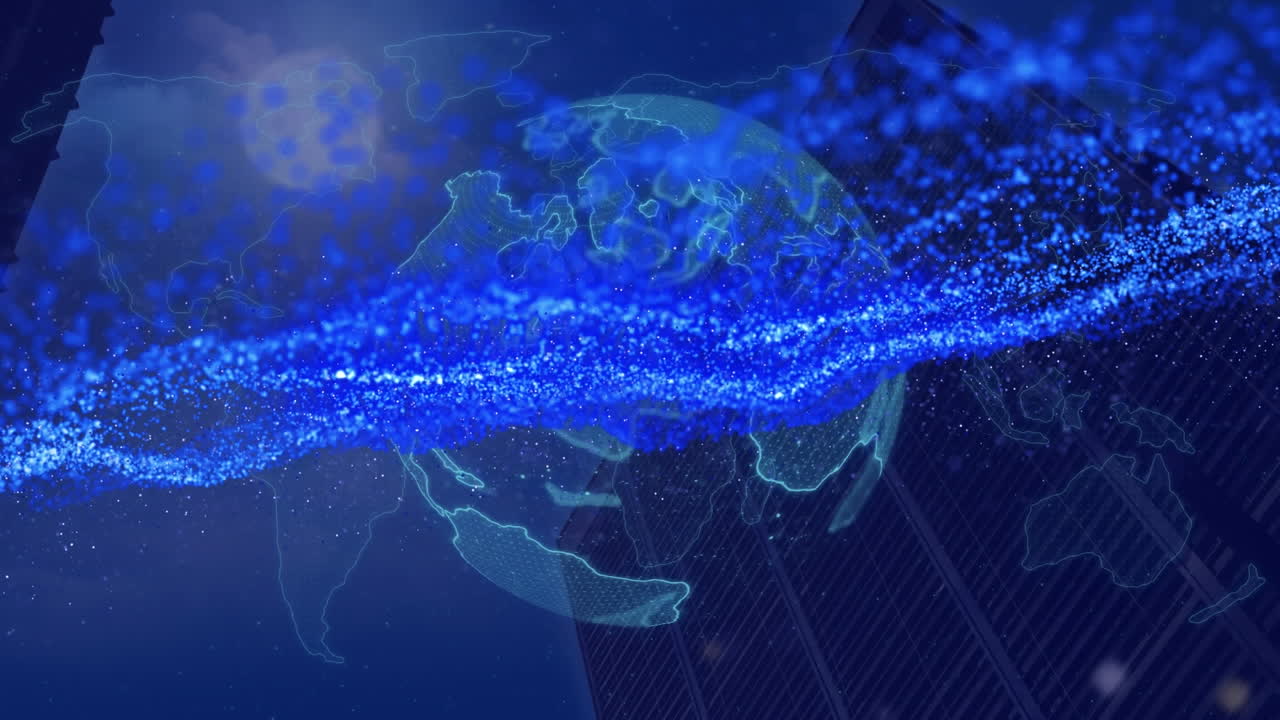 세계 지도 위에 있는 지구의 애니메이션과 빛나는 파란색 메시