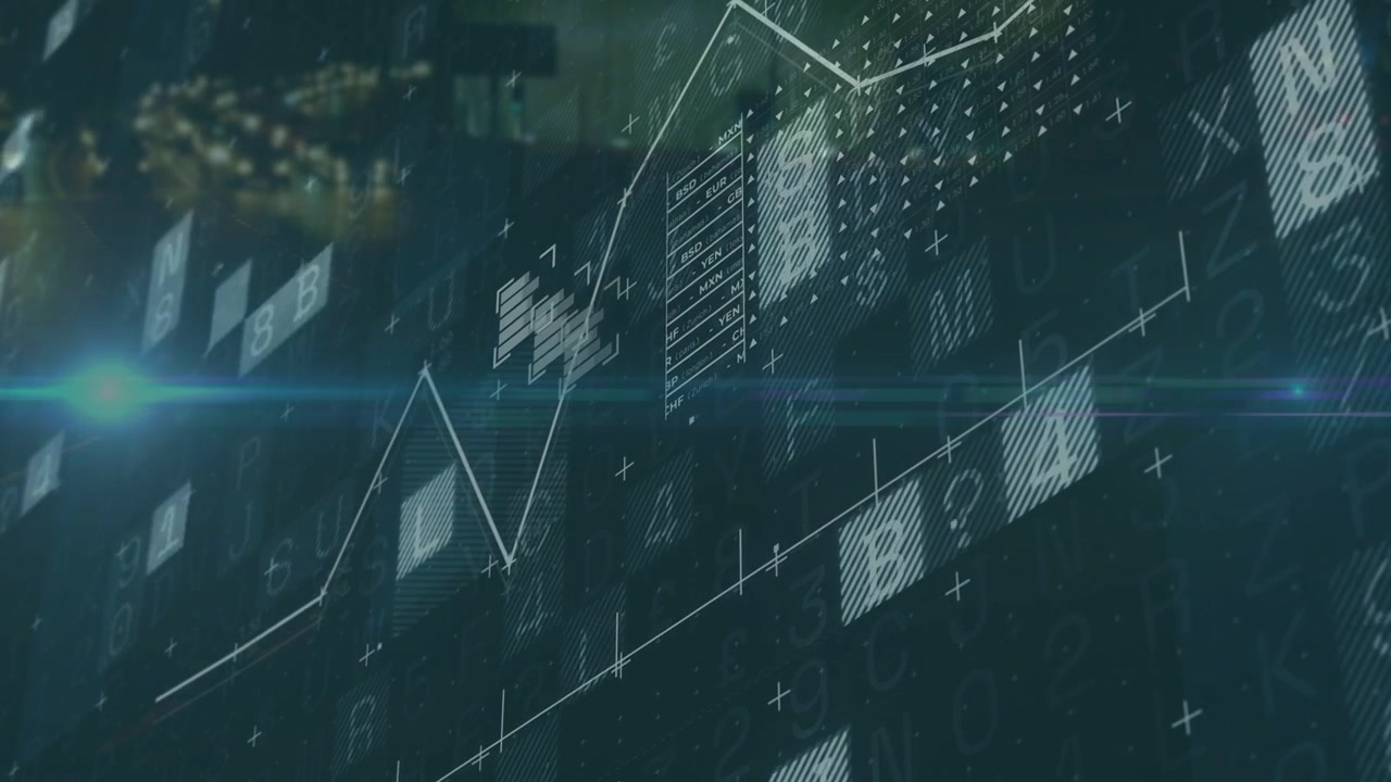 Ved indlæsning af scenen tegner et holografisk datavisual en polylinje, mens skydepaneler og et lysglimt viser en toptrend.