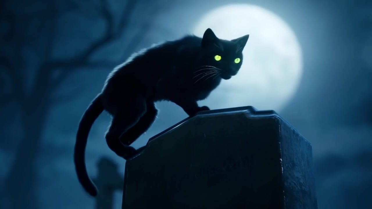 不気味な墓地にいる光る目の神秘的な黒猫