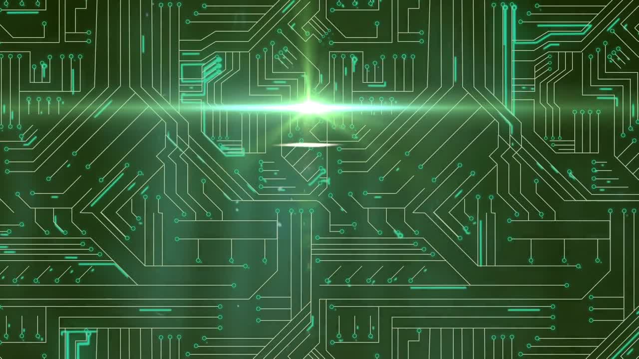 녹색 배경에 반 ⁇ 이는 빛의 흔적과 함께 컴퓨터 회로판 디지털의 애니메이션