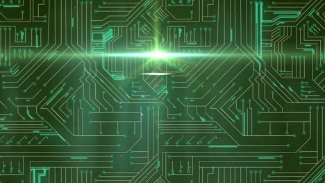animación de una placa de circuito digital de computadora con rastros de luz brillante sobre un fondo verde