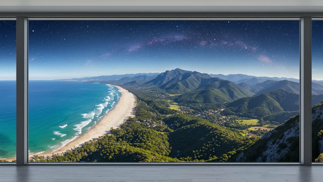Breathtaking Coastal View from a Modern Interiors Featuring Lush Mountains, Serene Beach, and Starry Sky, Capturing Nature's Tranquility and Beauty