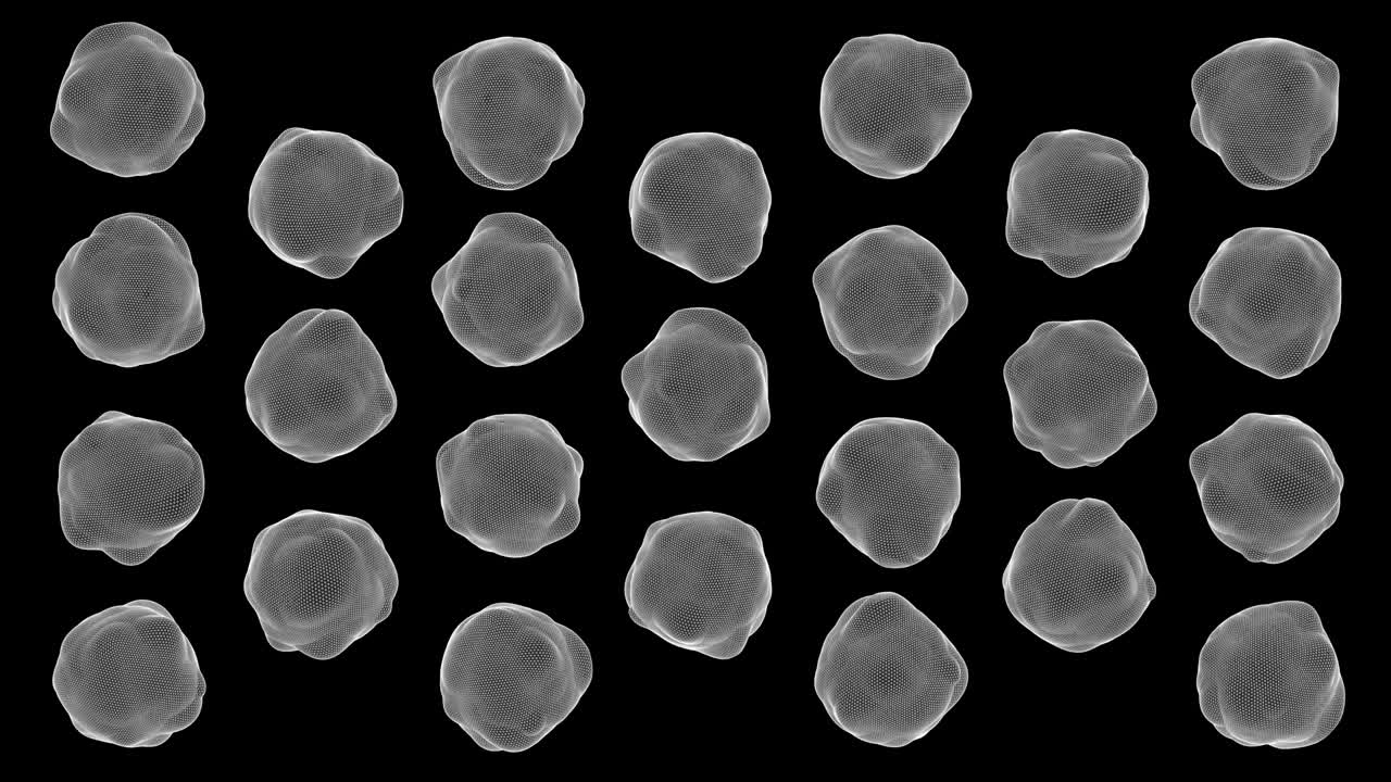 patrón de esferas deformadas. fondo negro, cuadrícula blanca. animación abstracta, renderizado en 3d.