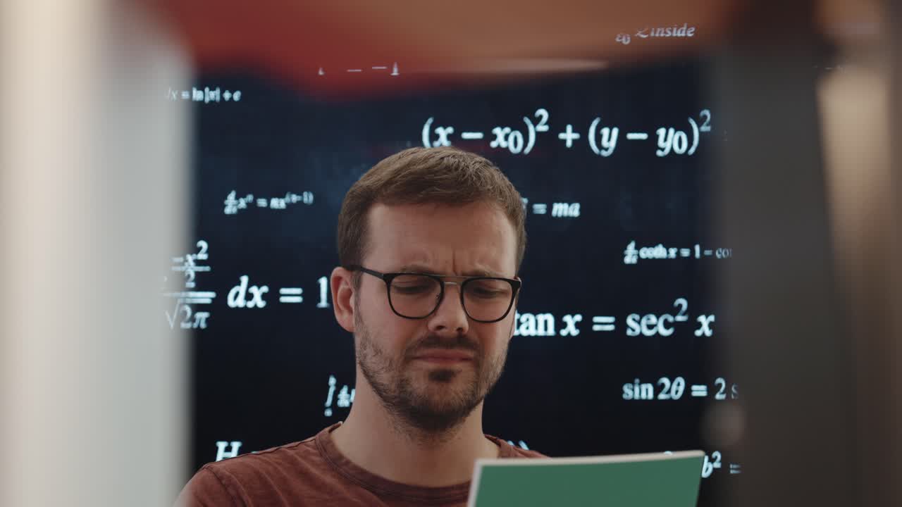 A student looks puzzled while reading, as complex mathematical formulas scroll from right to left in the background—showing cognitive overload and study stress