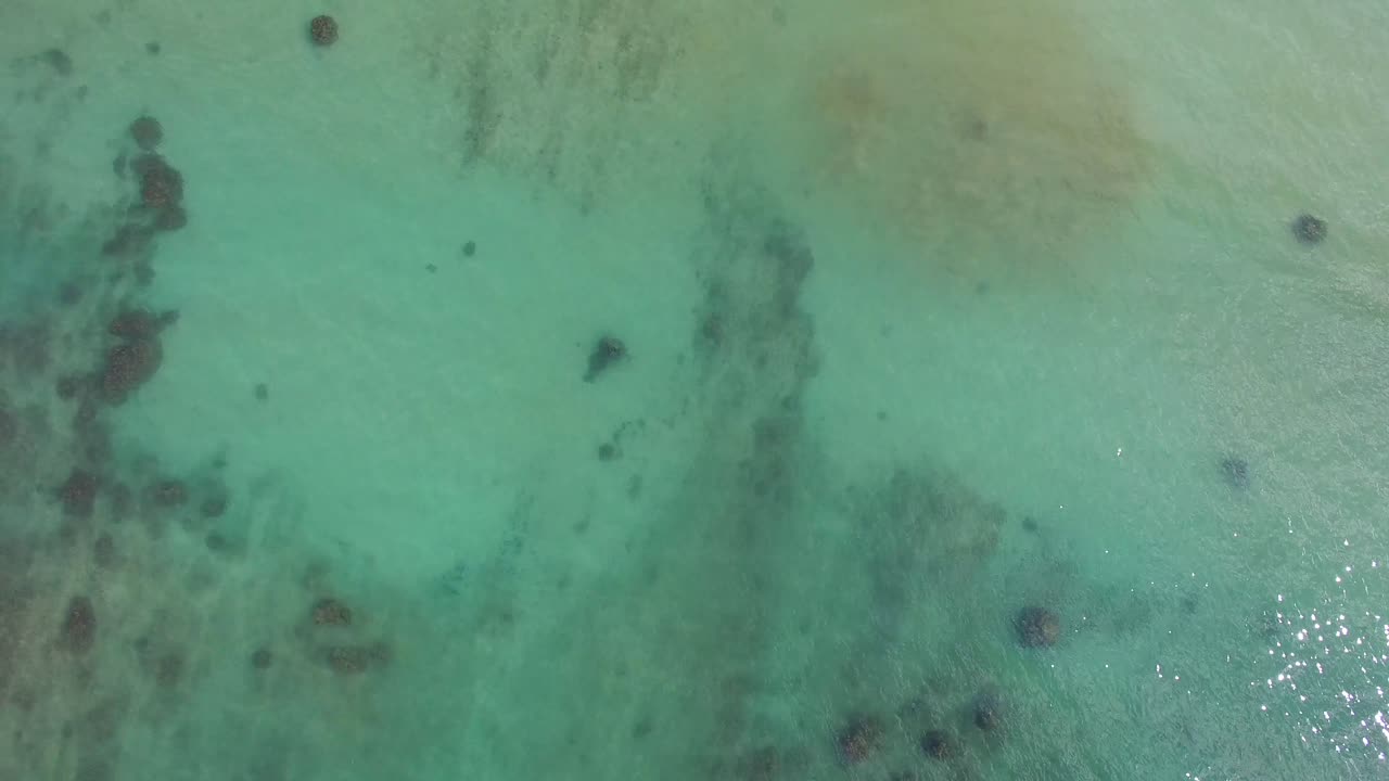 toma aérea de las aguas turquesas hawaianas del parque de hayas de la bahía de kawela cerca del resort de la bahía de tortugas