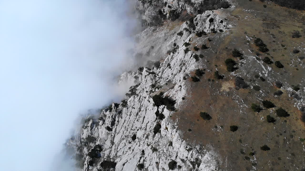 paisaje montañoso con niebla y árboles
