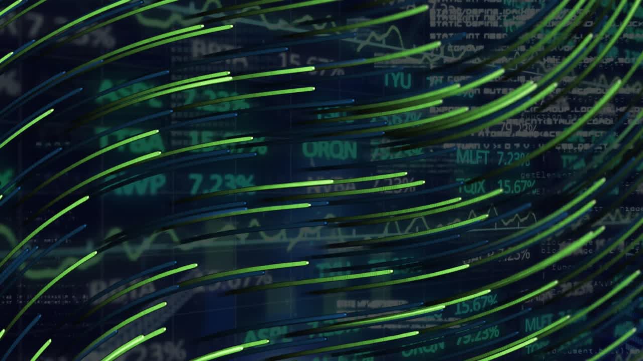 Animation of financial data processing with green light trails on digital screen