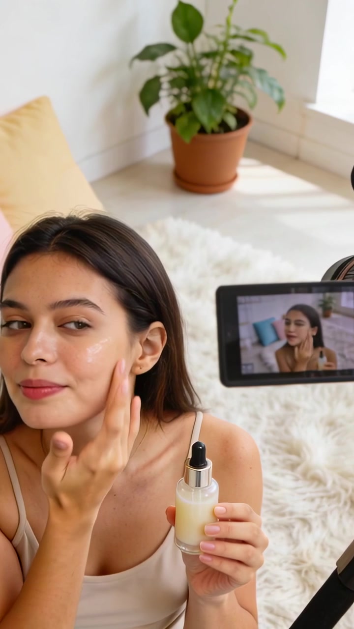 Vertical video: Starting camera recording, woman applying serum at home in beige cami with dropper