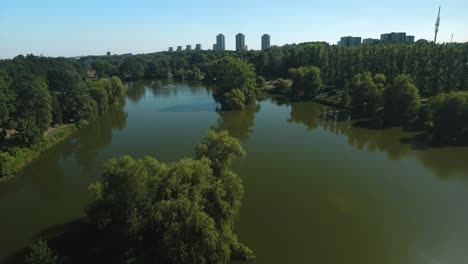 aerial view of a lake in a city park