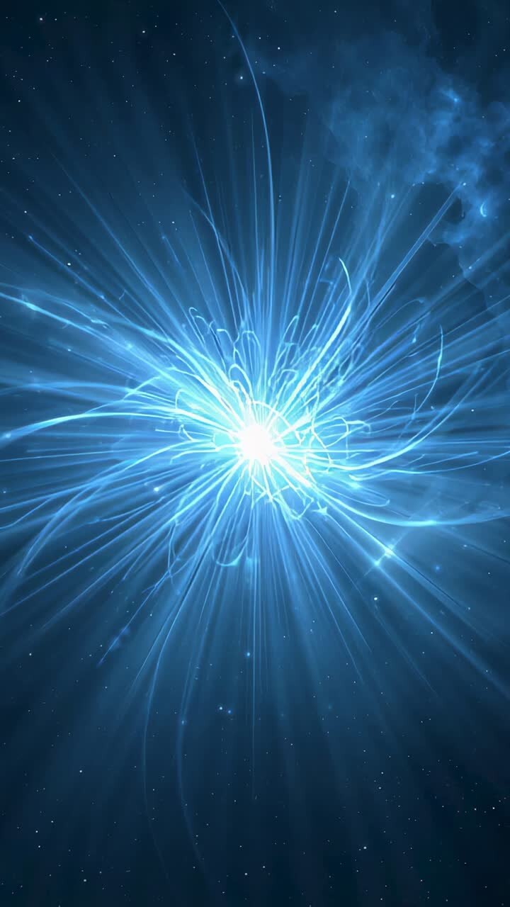Vídeo vertical: núcleo azul pulsante, centelha iniciando filamentos, raios se estendendo pela nebulosa espacial