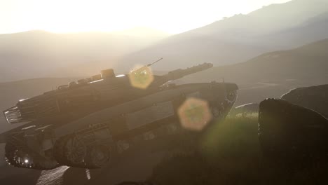 old rusty tank in the desert at sunset