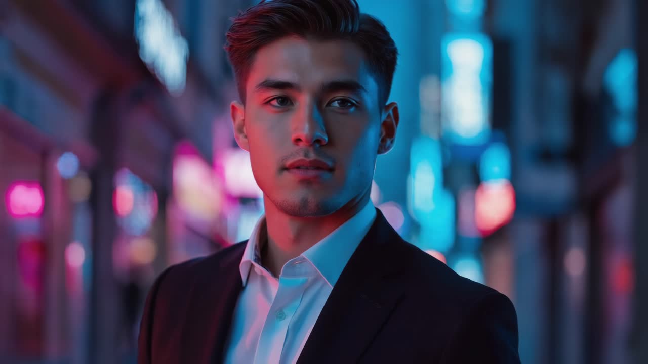 Portrait of a stylish man in a neon-lit city