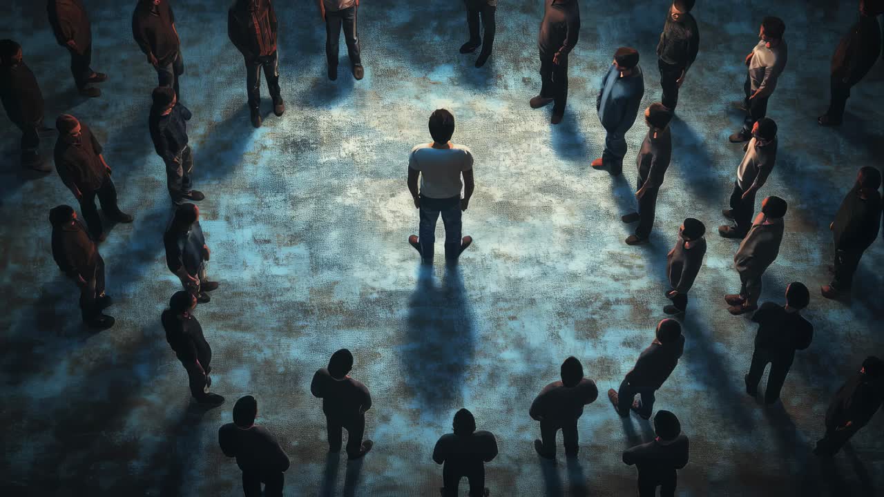 Overhead view of a diverse group of people standing in a circle, focusing on a lone person in the center, symbolizing unity and contemplation