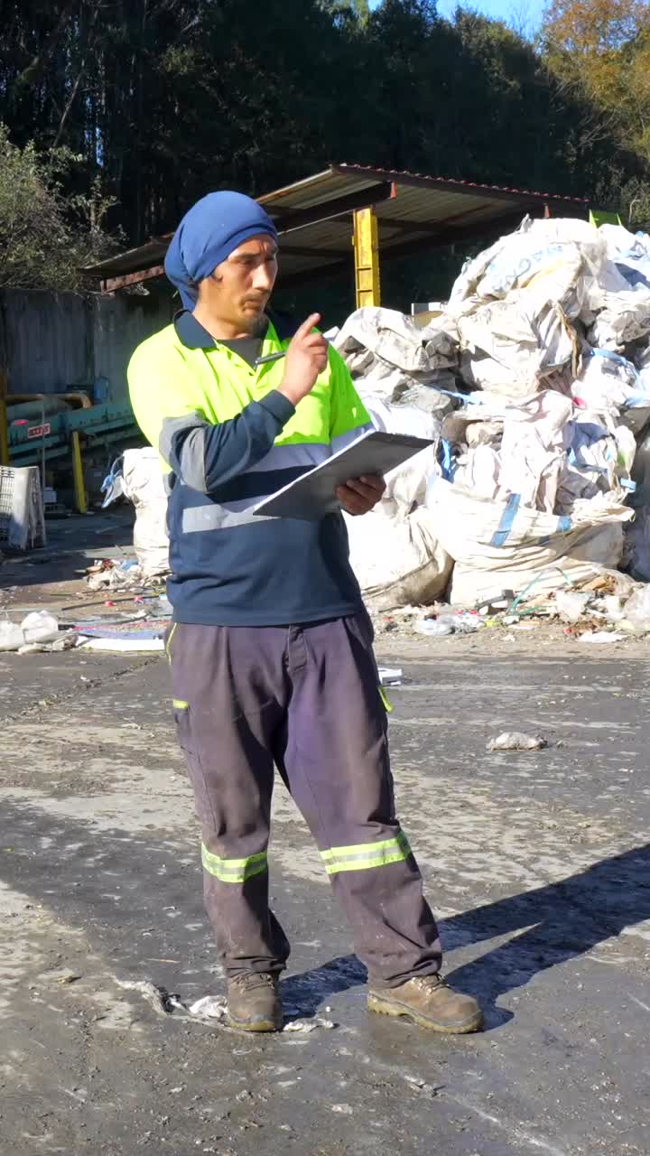 Man in High-Visibility Clothing at Recycling Center