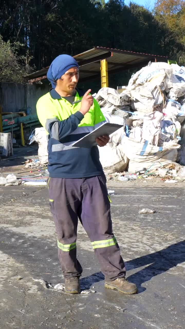 Uomo con indumenti ad alta visibilità presso il centro di riciclaggio