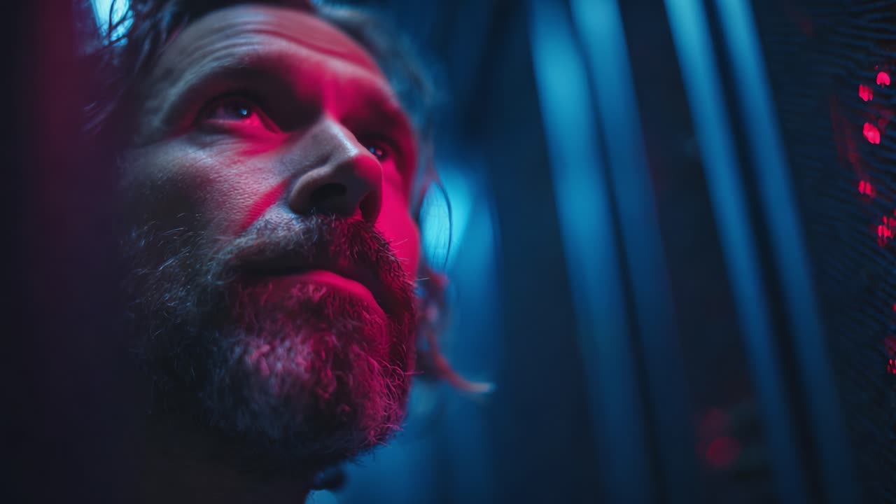 A Contemplative Moment in a High-Tech Environment: Exploring the Intersection of Technology and Human Emotion Captured in a Dimly Lit Space
