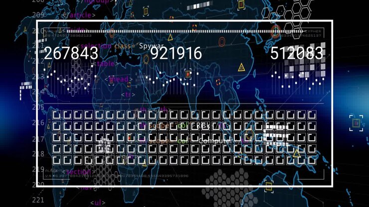 Animation of data processing and world map over dark background