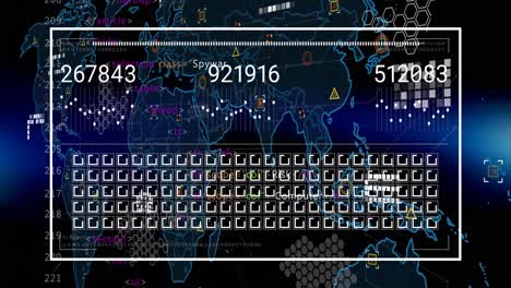 Animation-Der-Datenverarbeitung-Und-Weltkarte-Auf-Dunklem-Hintergrund