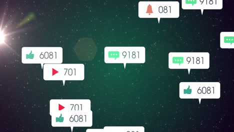 animación de iconos y números de redes sociales en banderas blancas sobre estrellas en el cielo verde nocturno