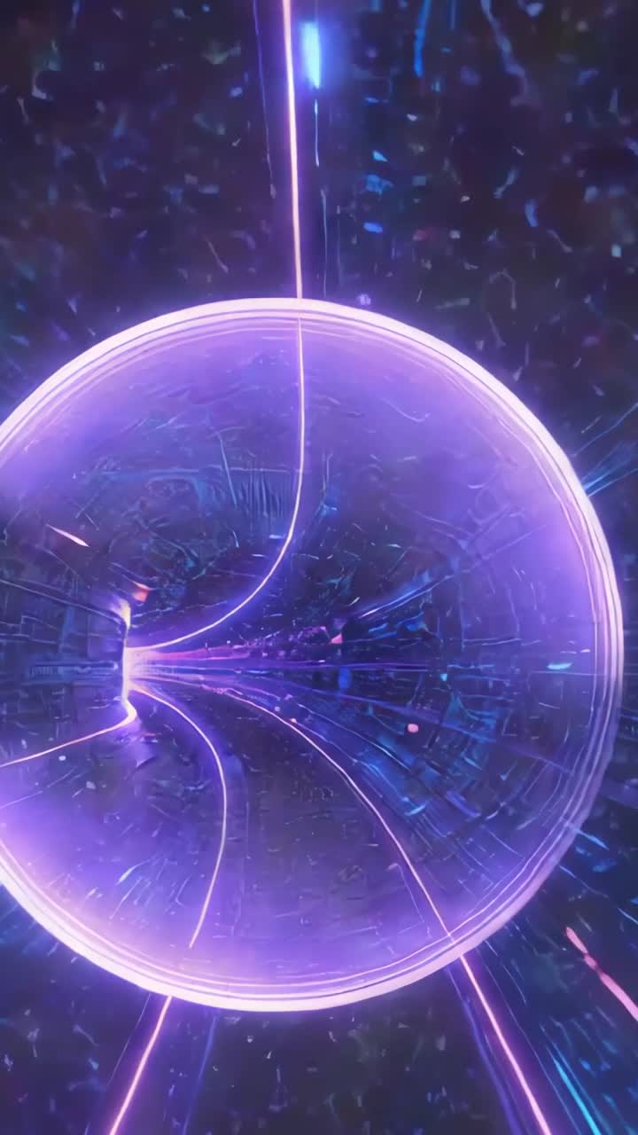 Vertical video: Neon beam pulsing, sphere forming arcs, streaming particles and data blocks in void