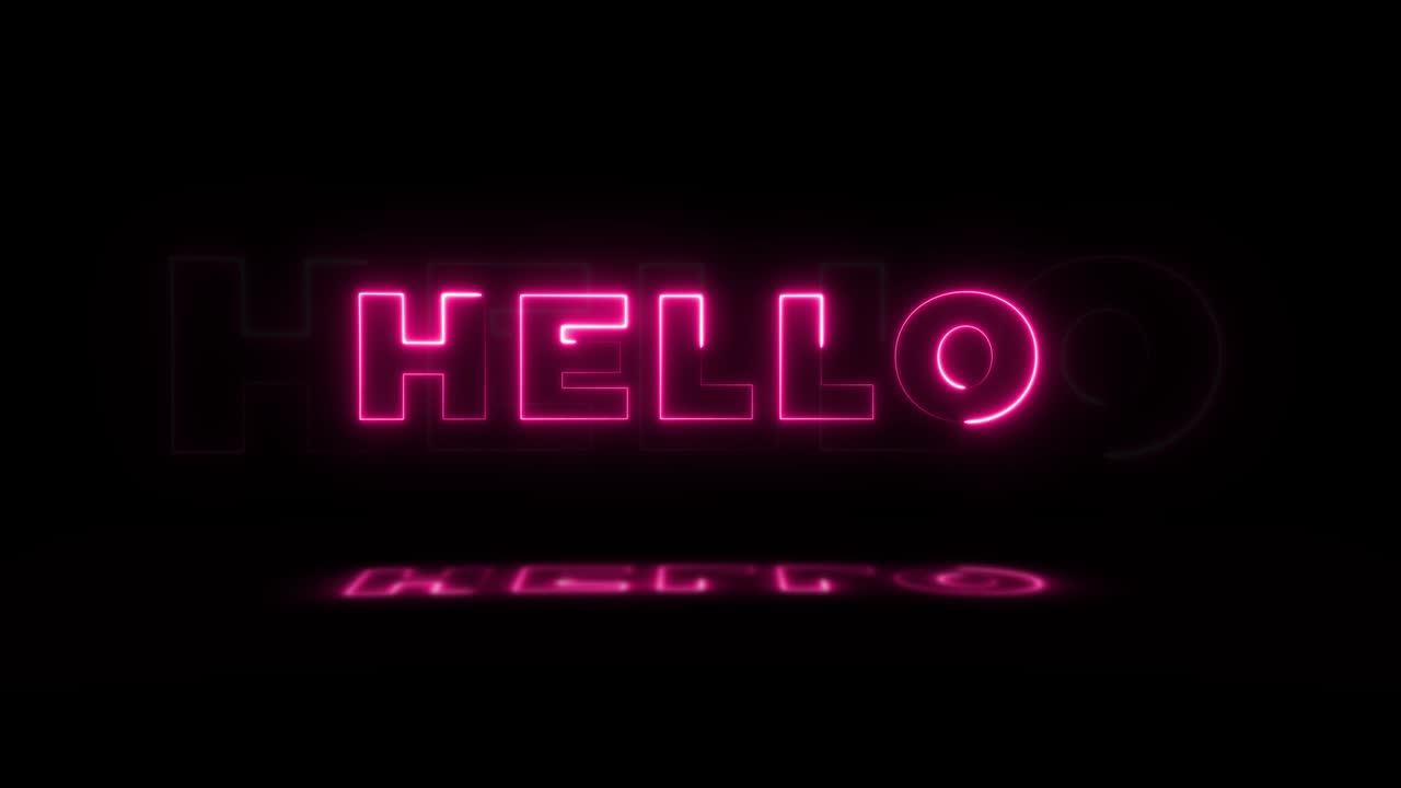 Word 'HELLO' neon glowing on a black background with reflections on a ...
