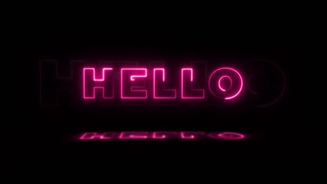 la palabra "hello" brilla en neón sobre un fondo negro con reflejos en el suelo. letreros de brillo de neón en gráfico de movimiento de bucle sin costuras