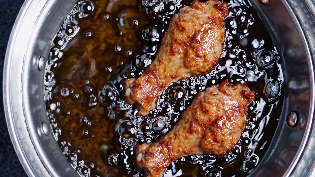 The video showcases crispy fried chicken sizzling in hot oil, highlighting texture and color