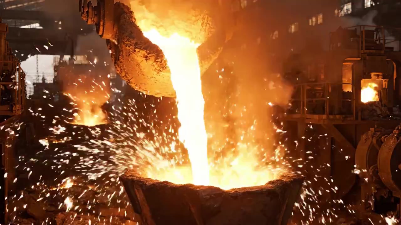 Intenso Versamento di Metallo Fuso Durante la Produzione Industriale di Acciaio in Fonderia con Scintille e Calore Elevato Generati dal Processo