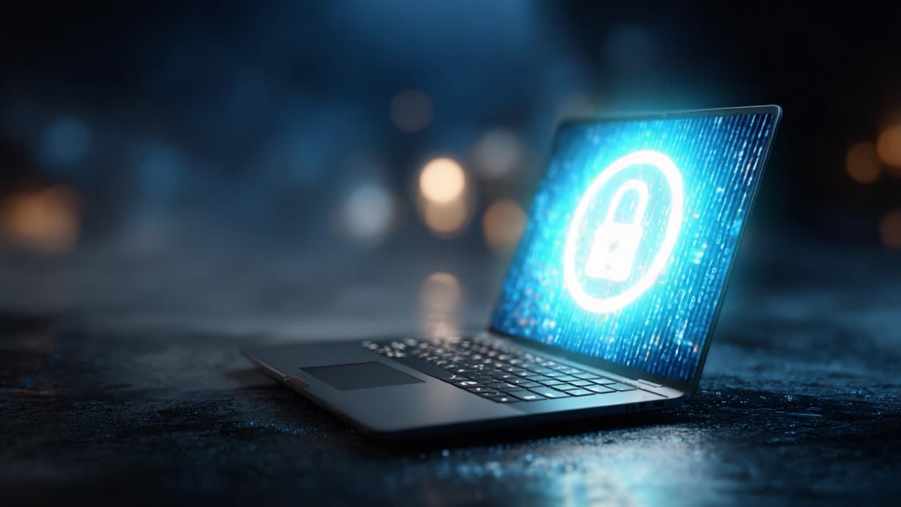 A Modern Laptop Featuring Digital Security Features: Displaying a Lock Icon Amidst a Data Visualization Background, Symbolizing Cybersecurity and Privacy Protection