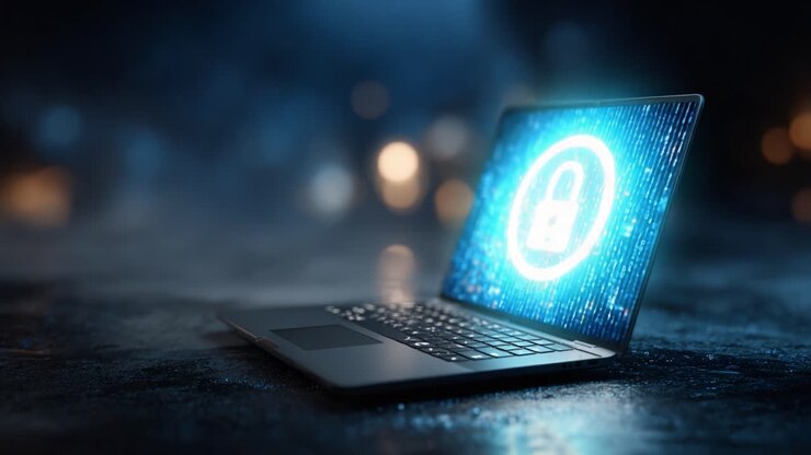 A Modern Laptop Featuring Digital Security Features: Displaying a Lock Icon Amidst a Data Visualization Background, Symbolizing Cybersecurity and Privacy Protection