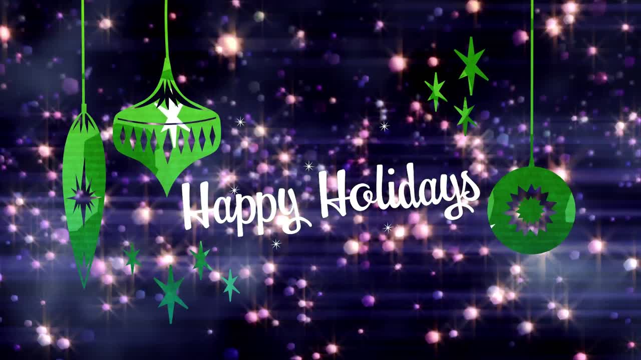 행복한 크리스마스 텍스트, 크리스마스 트리 장식 및 검은색 배경에 빛 반점의 애니메이션