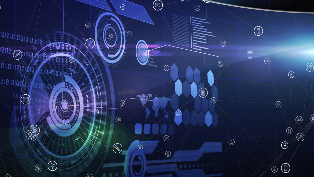 animación de la red de conexiones con iconos digitales sobre el procesamiento de datos en segundo plano