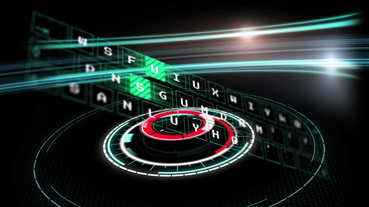 검은색 배경에 빛의 흔적과 함께 데이터 처리 및 범위 스캔의 애니메이션