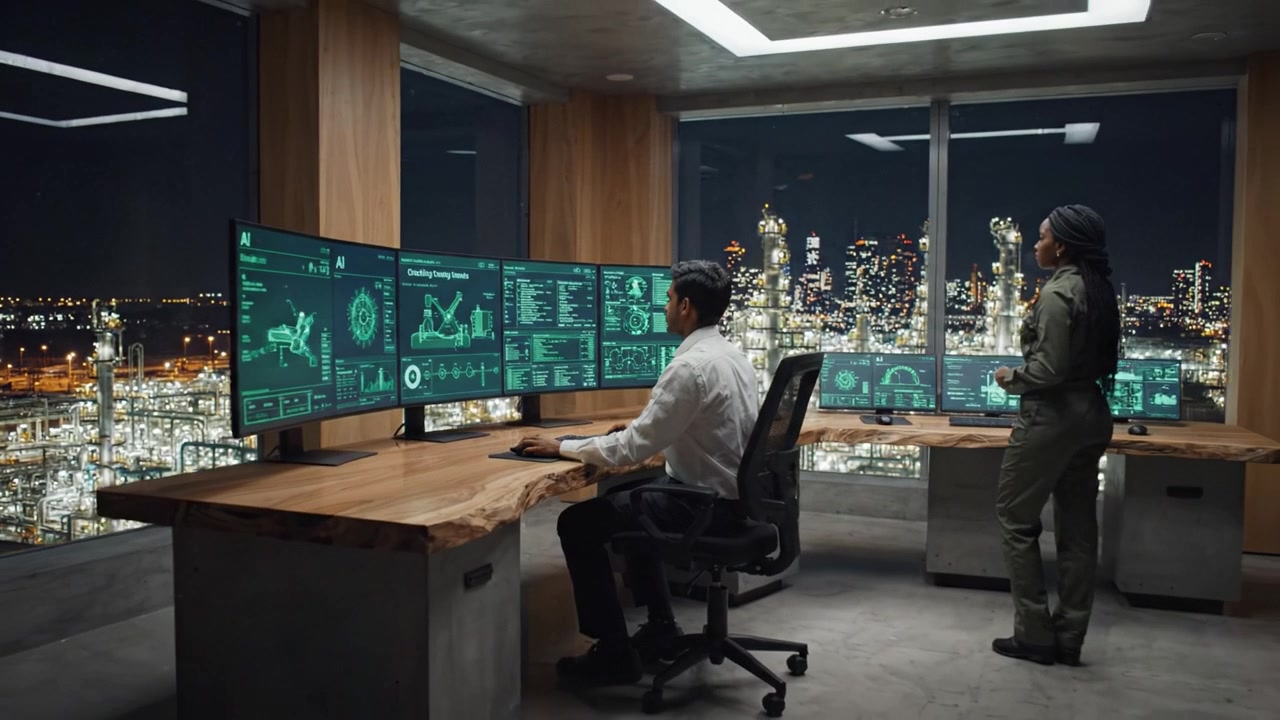 Sala di controllo futuristica con tecnologia avanzata che visualizza dati e analisi in un grattacielo che si affaccia su un paesaggio urbano notturno