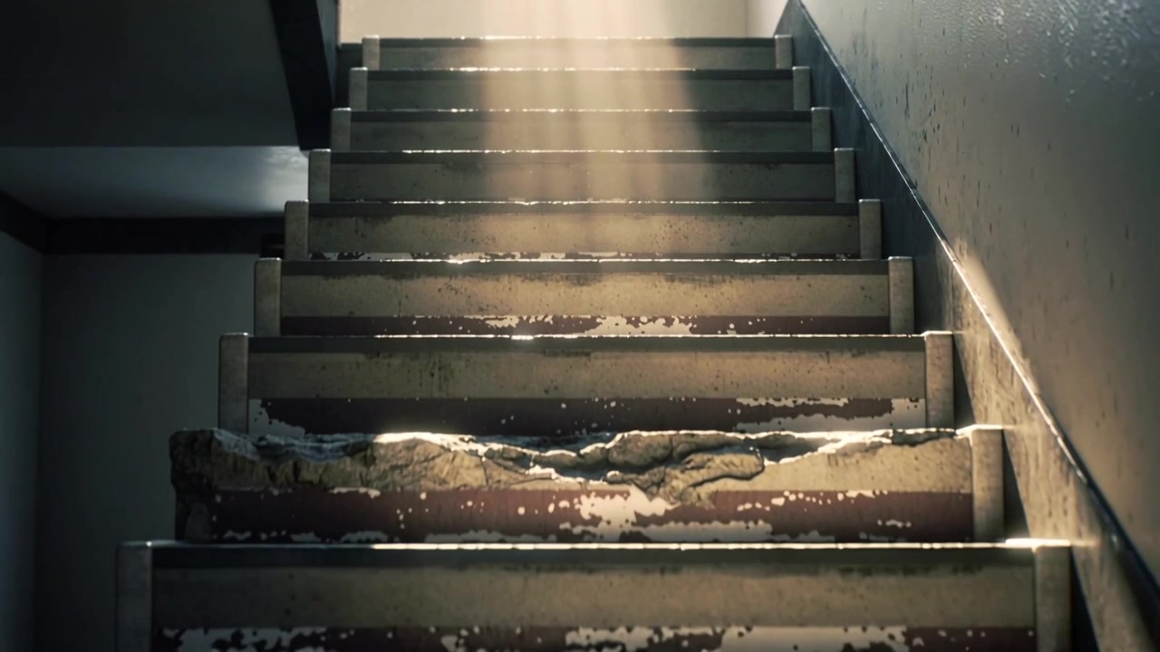 Sweeping light from landing revealing worn stair treads at narrow stairwell, with torn debris