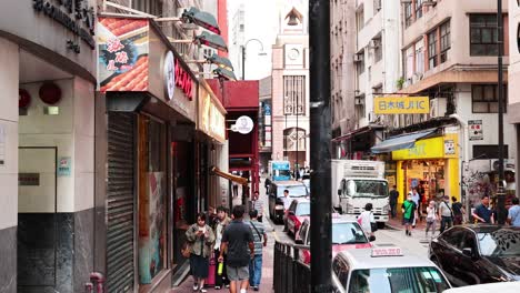 busy street scene with pedestrians and vehicles